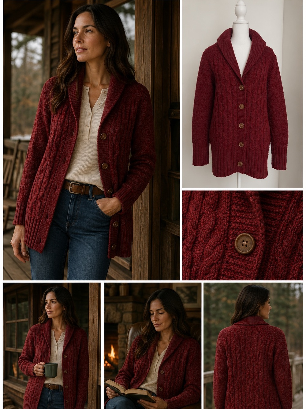 Eddie Bauer Women’s Red Cable knit Cardigan L Fisherman Outdoors Cabincore